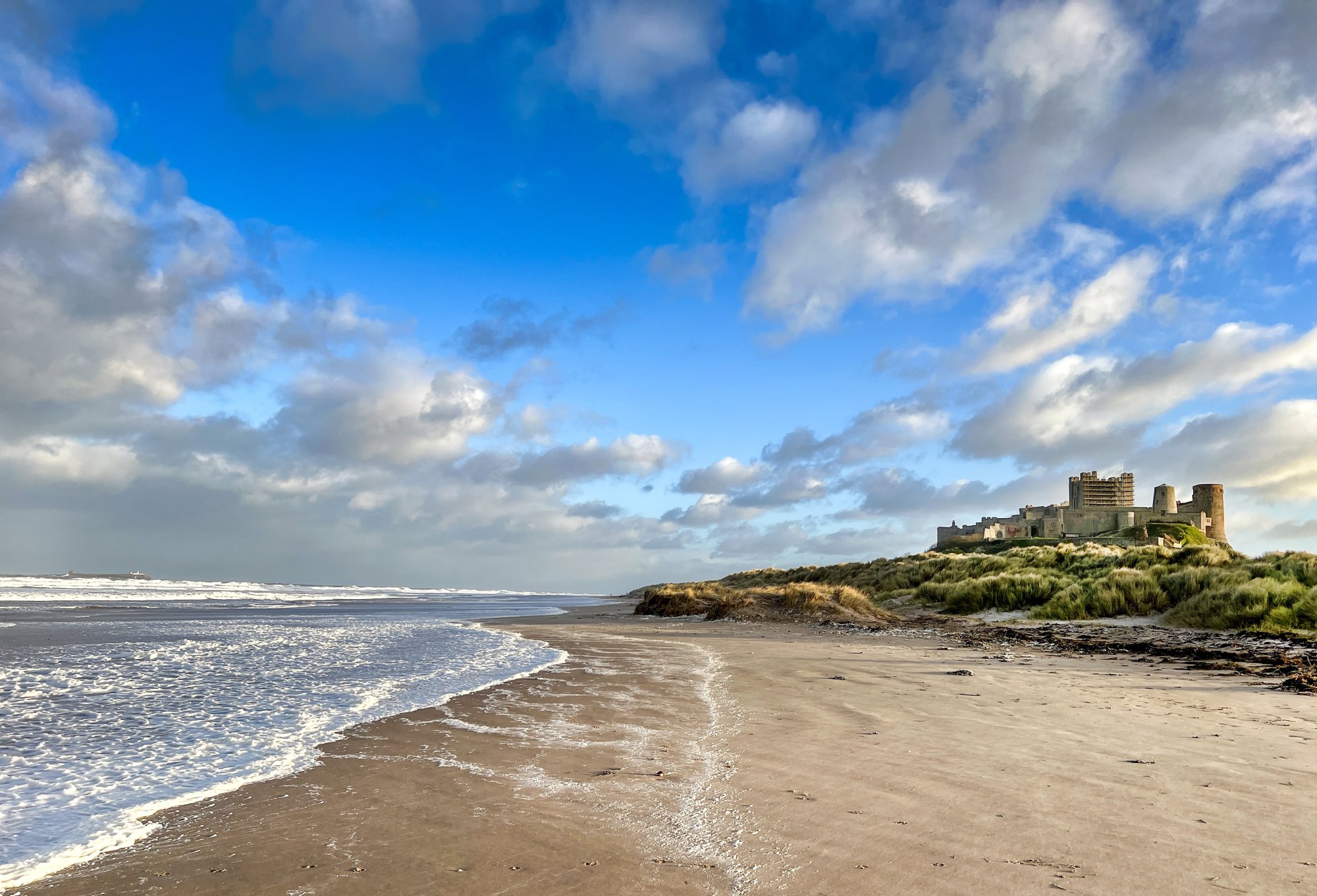 Bamburgh Beach autumn high tide