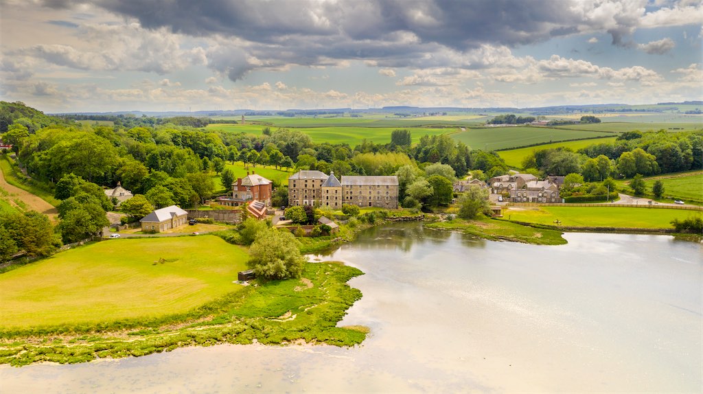 Waren Mill and the Waren Burn inlet aerial view